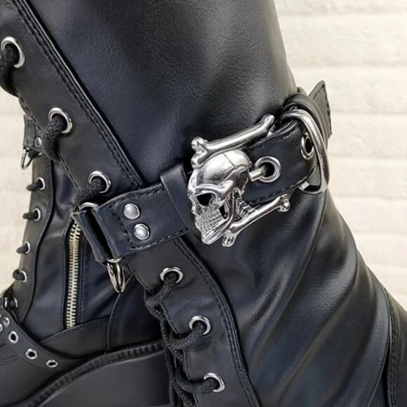 Shaker 420 Black sTRETCH 4.5" Wedge Heel OTK Thigh Boots Skulls Zippers NY DEMON - Picture 11 of 16